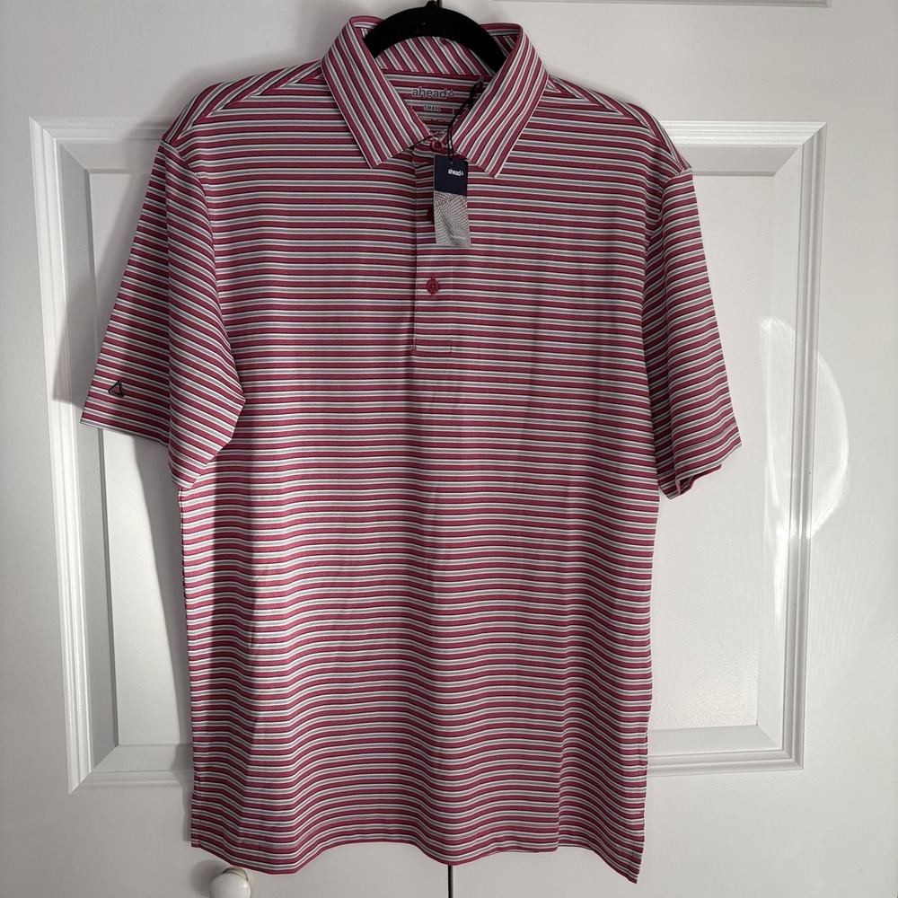 Ahead Performance Golf Polo Shirt Raspberry Heather Striped Men's Size Small NEW